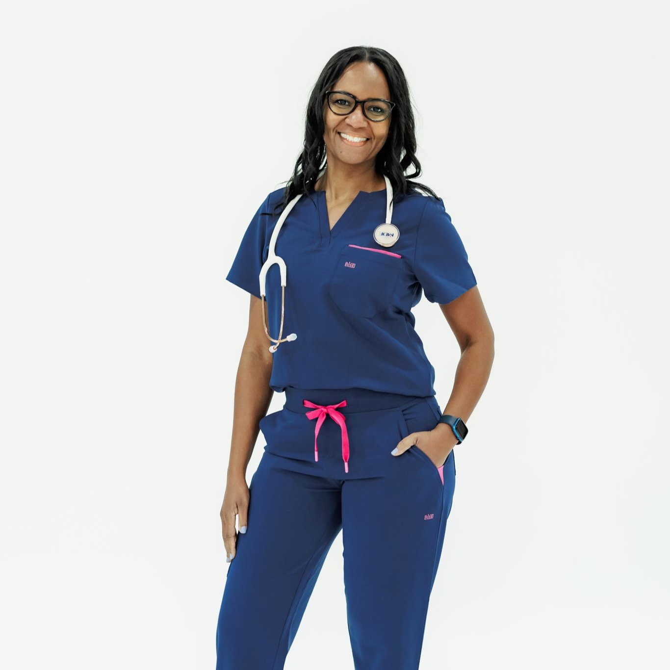 Comfortable navy crew neck scrub top designed for durability and flexibility on long shifts.