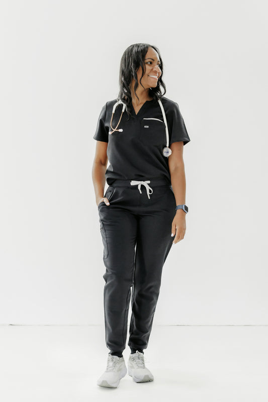 Trendy black jogger scrub pant offering comfort and flexibility for healthcare professionals.