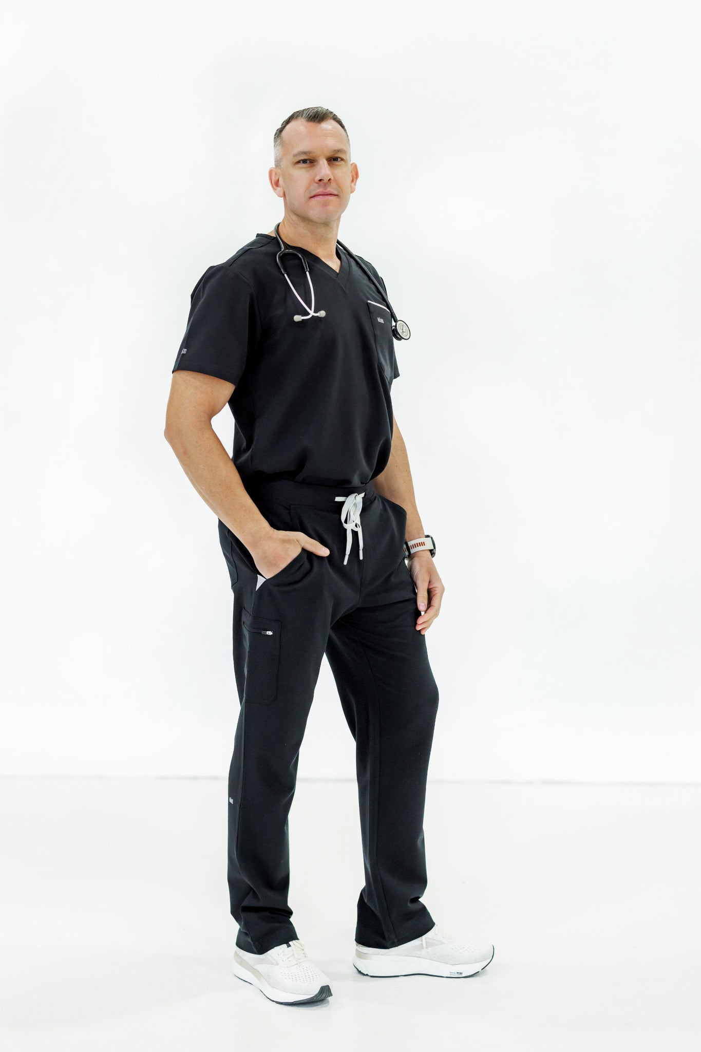 Classic black scrub pant offering a professional look and comfort for long shifts in healthcare.